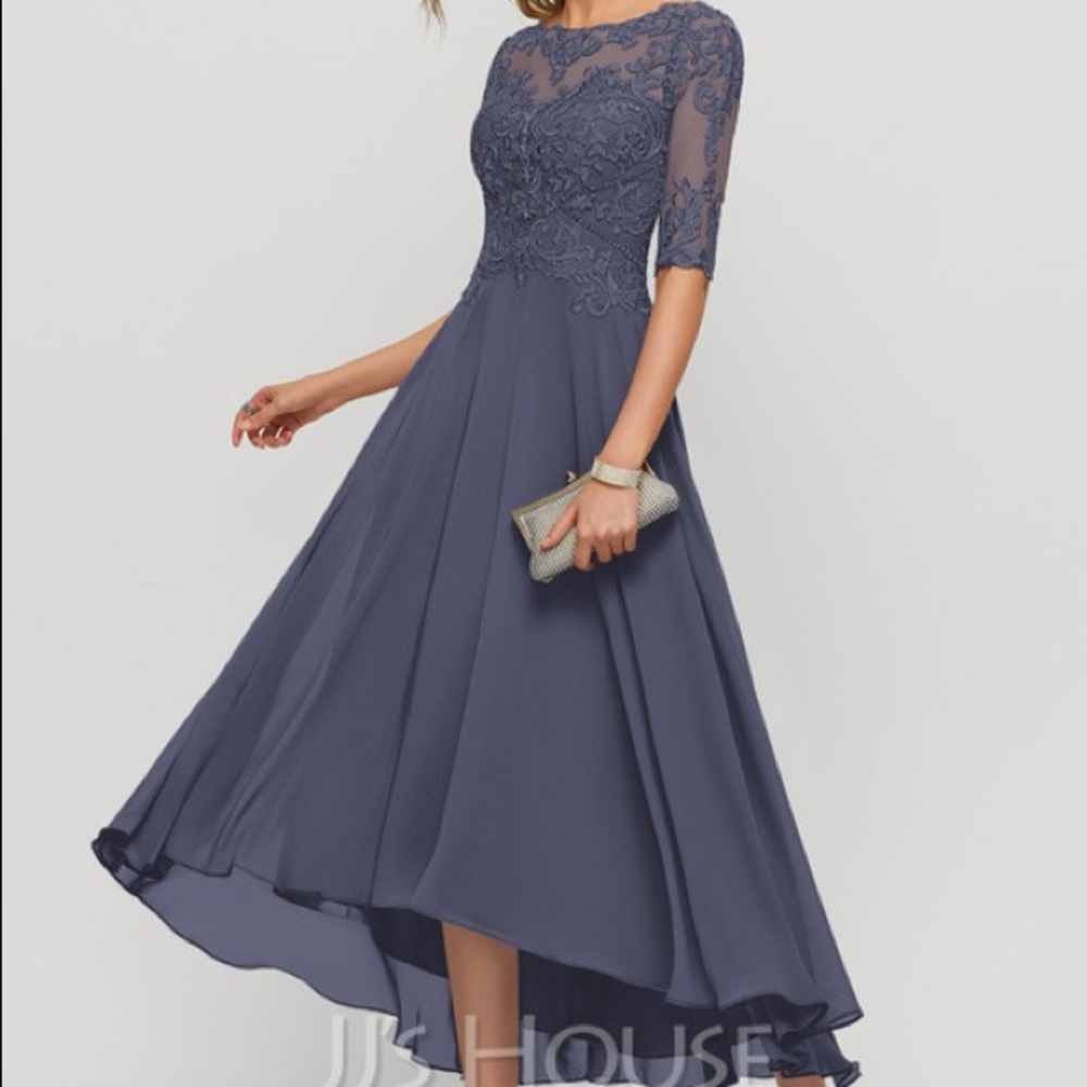 NWT JJs House- A-Line Scoop Neck High-Low Chiffon Dress w/ Elbow Length Sleeves